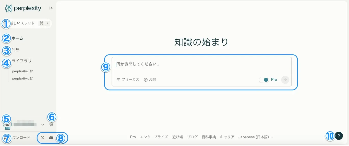 Perplexityの画面の見方と操作方法